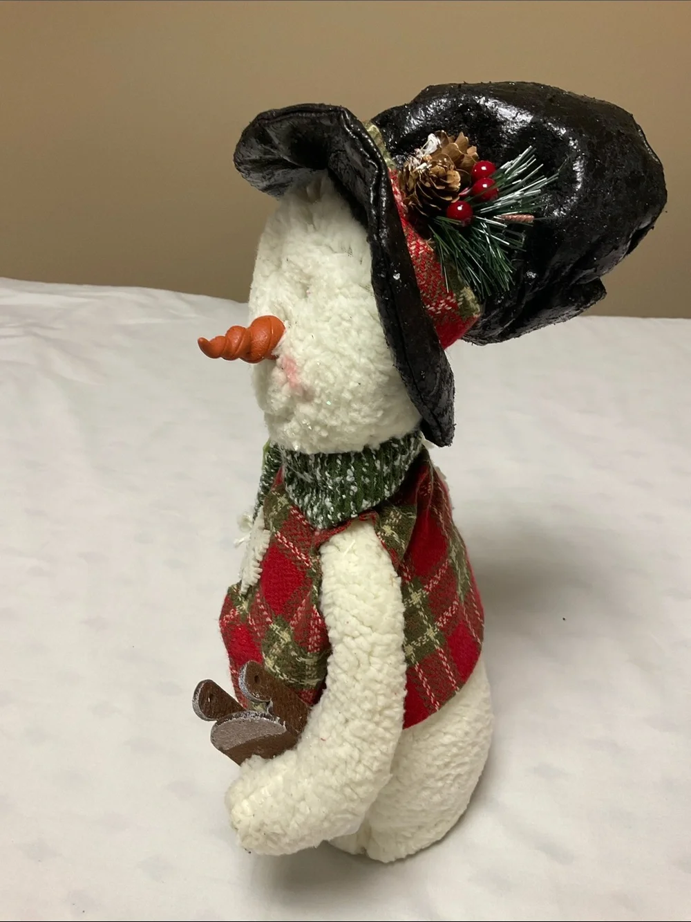 17” Plush Snowman Holiday Figure with Black Hat and Red Plaid Vest.